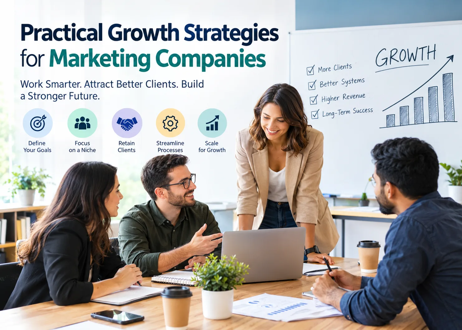Professional marketing team collaborating in a modern office, reviewing growth charts and business strategies on laptops and documents. A whiteboard shows rising graphs and goals, representing client retention, niche focus, streamlined processes, and sustainable agency growth through strategic planning sessions.